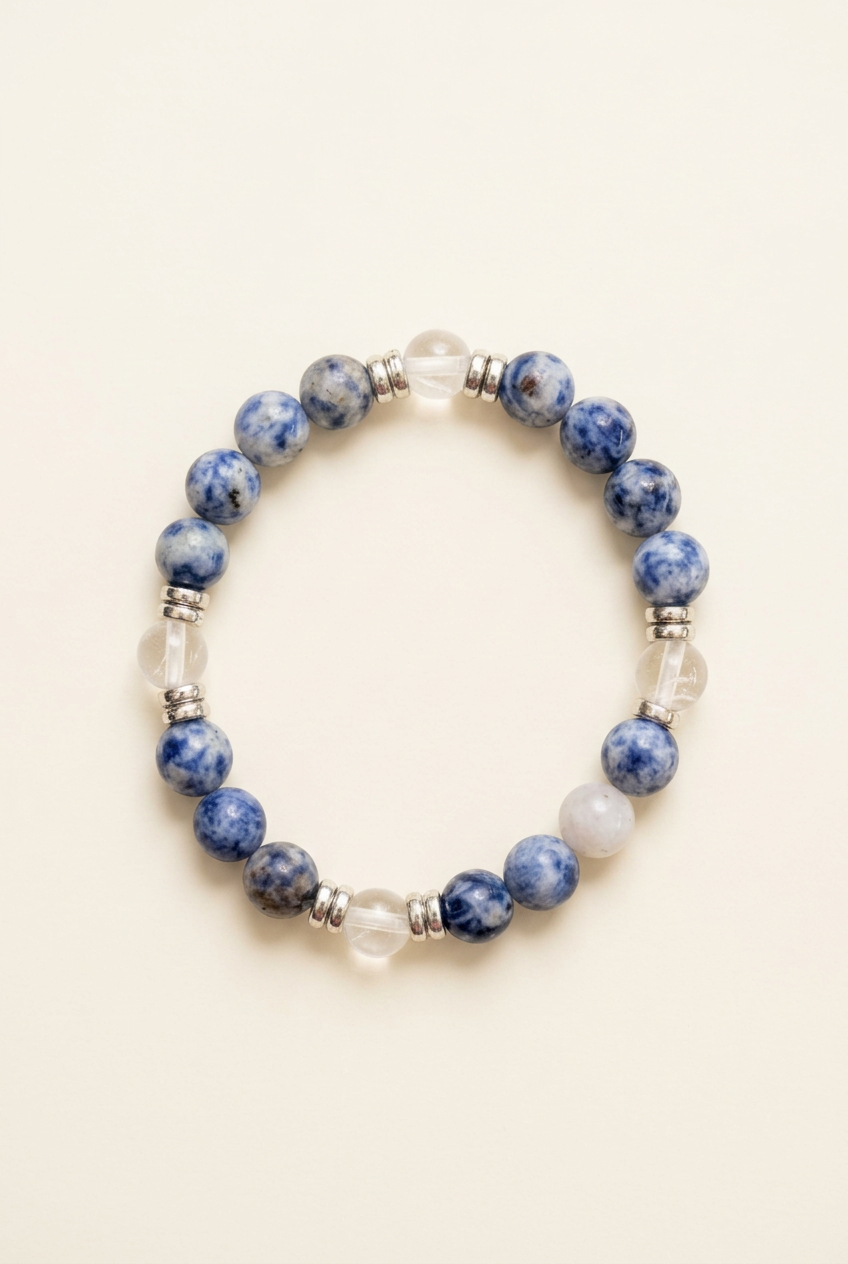 Handmade blue spot Jasper and clear quartz bracelet with silver-colored spacers on an ivory background