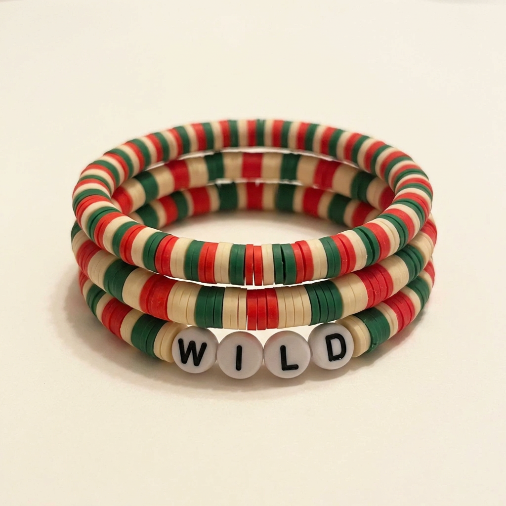 WILD red, green and cream three-bracelet set arranged in a stack on a warm ivory background